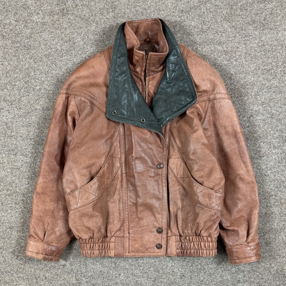 VTG Wilsons Adventure Bound Light Brown Leather Bomber Jacket Mens M Funnel Neck - Picture 5 of 12